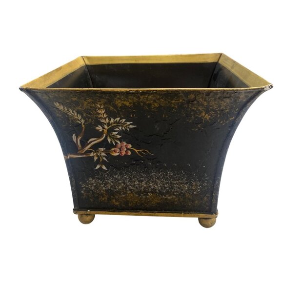 Vintage Hand-Painted Metal Planter With Bird & Floral Design Gold Accents Square - Picture 2 of 6